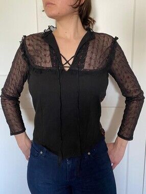 Buffalo David Bitton Black Sheer Lace-Panel Blouse